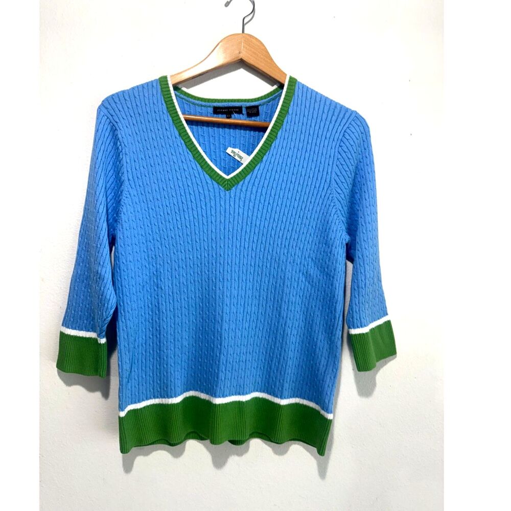 Jeanne Pierre cable knit sweater cotton decorative trim classic women XL New